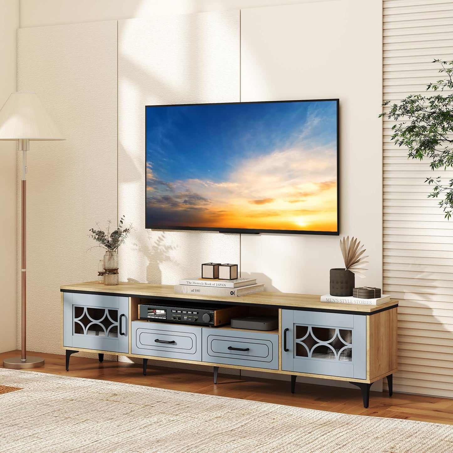 Tangkula Farmhouse TV Stand for TVs up to 80” 71” Entertainment Center with 2 Drawers