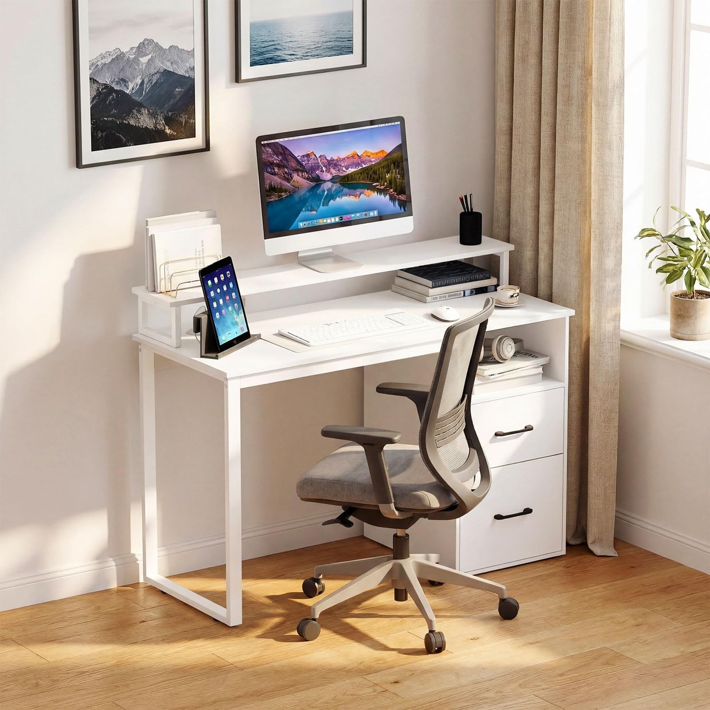 Tangkula White Desk with 2 Storage Drawers & Power Outlets