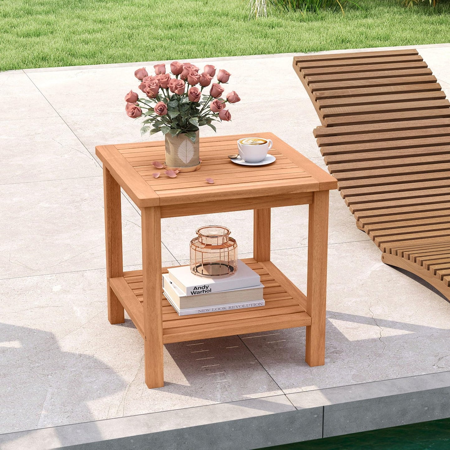 Tangkula Table d'appoint carrée à 2 niveaux en bois d'acacia avec plateau à lattes et étagère de rangement