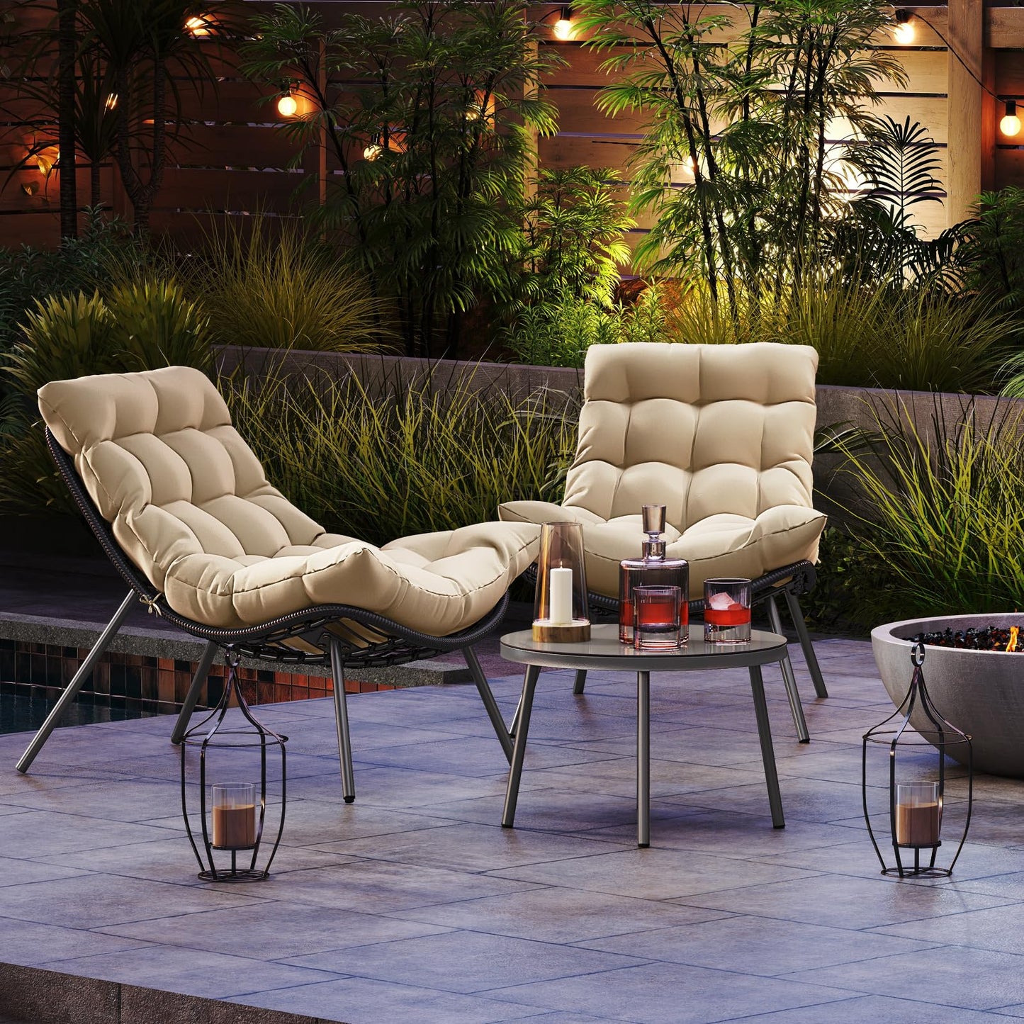 Tangkula 3 Pieces Patio Furniture Set with Cushioned Papasan Chairs and Tempered Glass Coffee Table for Porch