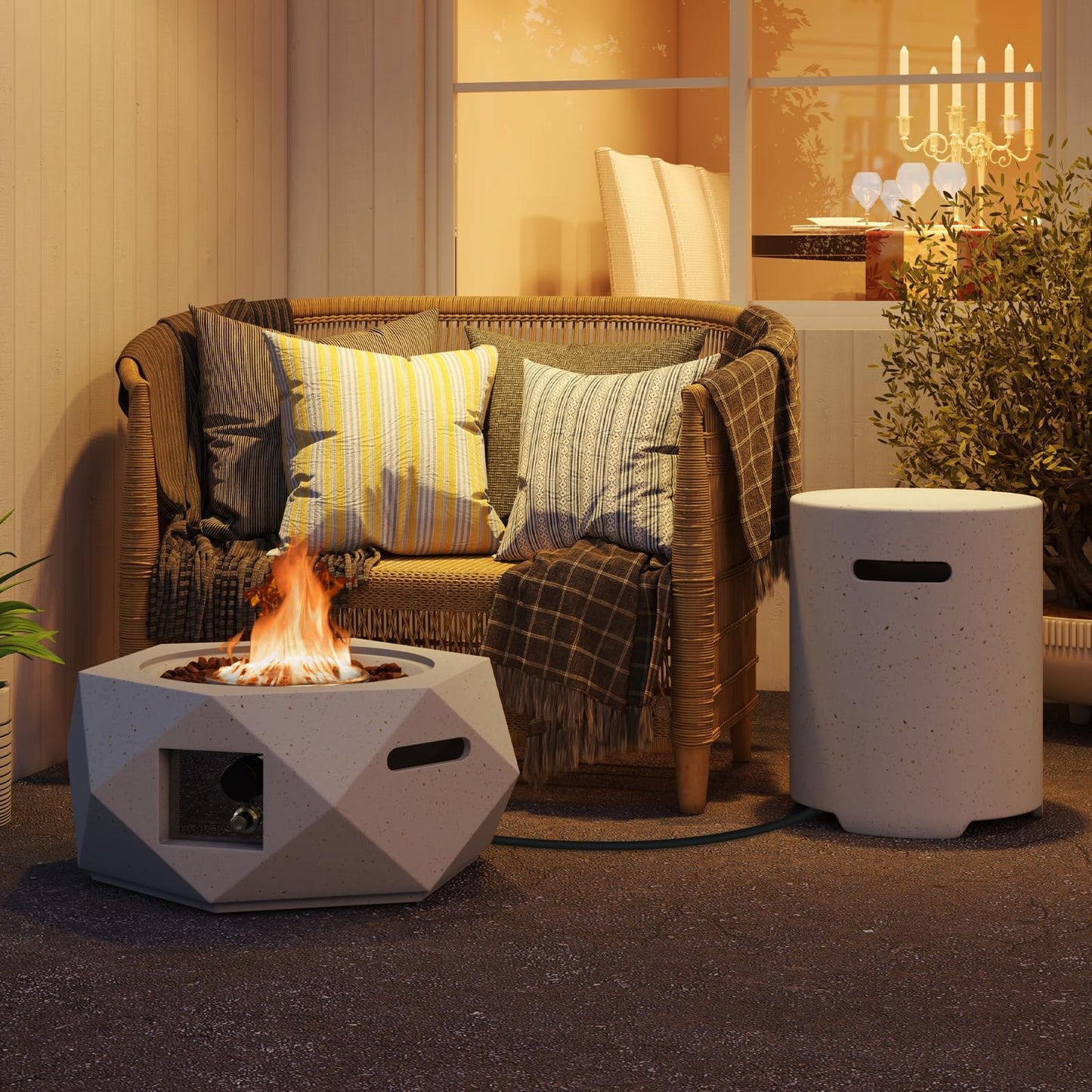 Ensemble table foyer propane Tangkula, braséro à gaz hexagonal en terrazzo de 28 po avec support de réservoir escamotable