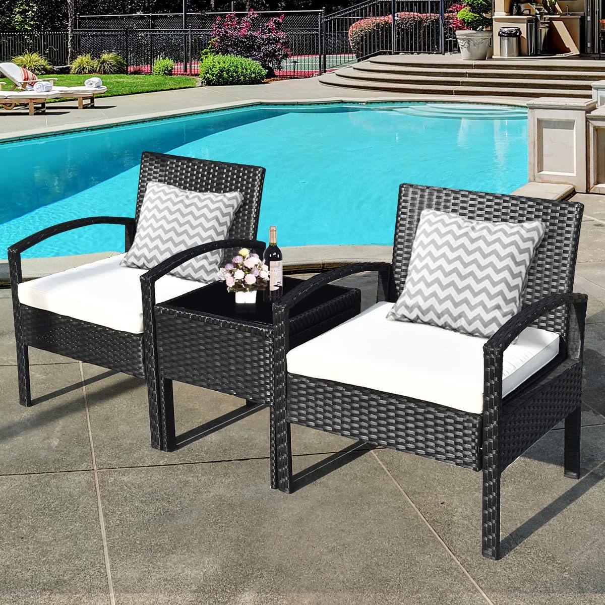Tangkula 3 Piece Patio Conversation Set, Outdoor Rattan Sofa Set with White Seat Cushions & Coffee Table
