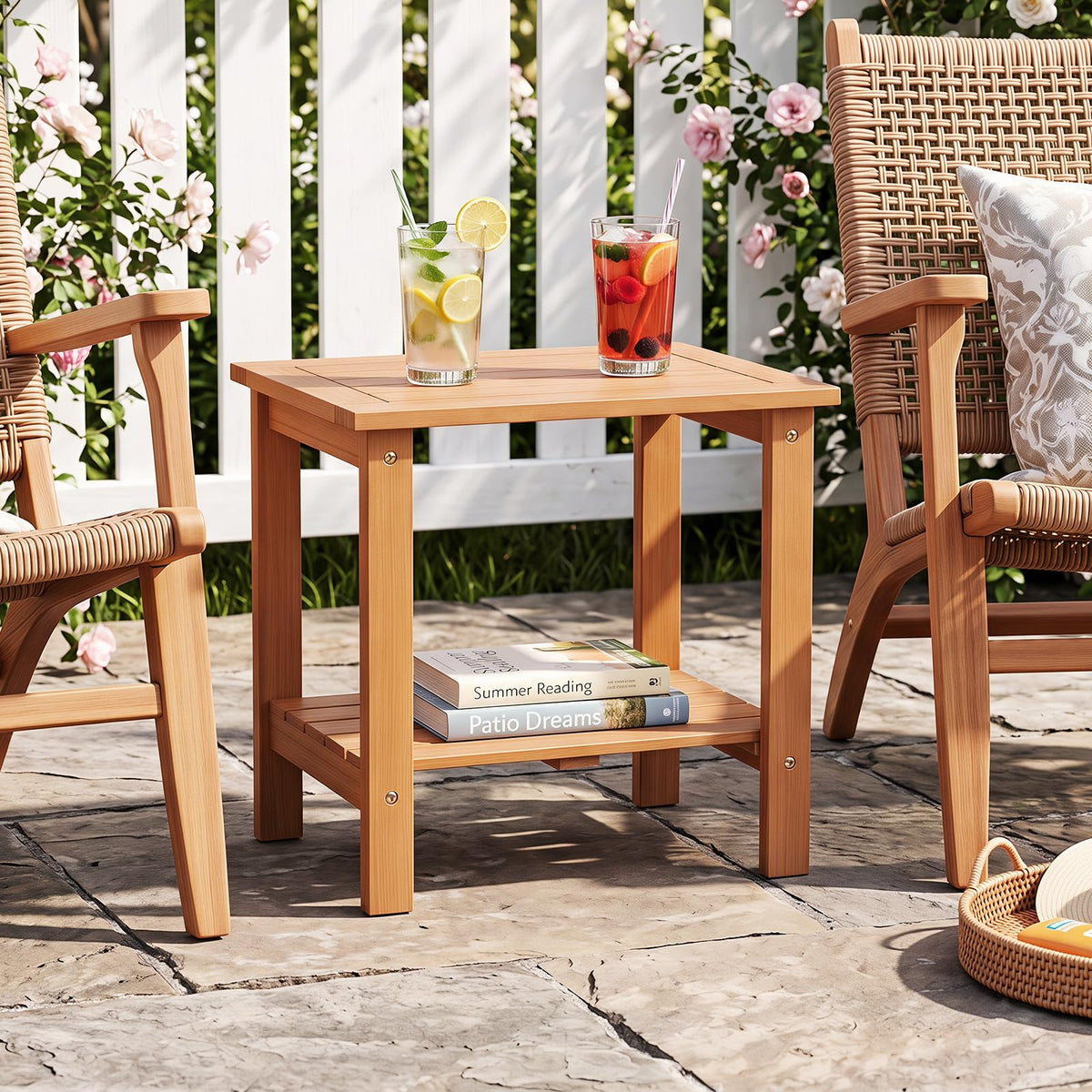 Tangkula Outdoor 2-Tier Eucalyptus Wood Side Table ( Rectangular,1/2)