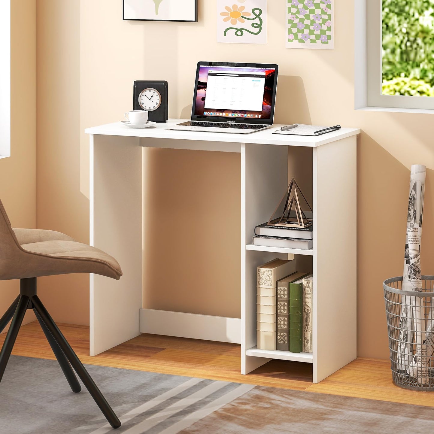 Tangkula Small White Desk with Shelves, Compact Small Desk for Small Space