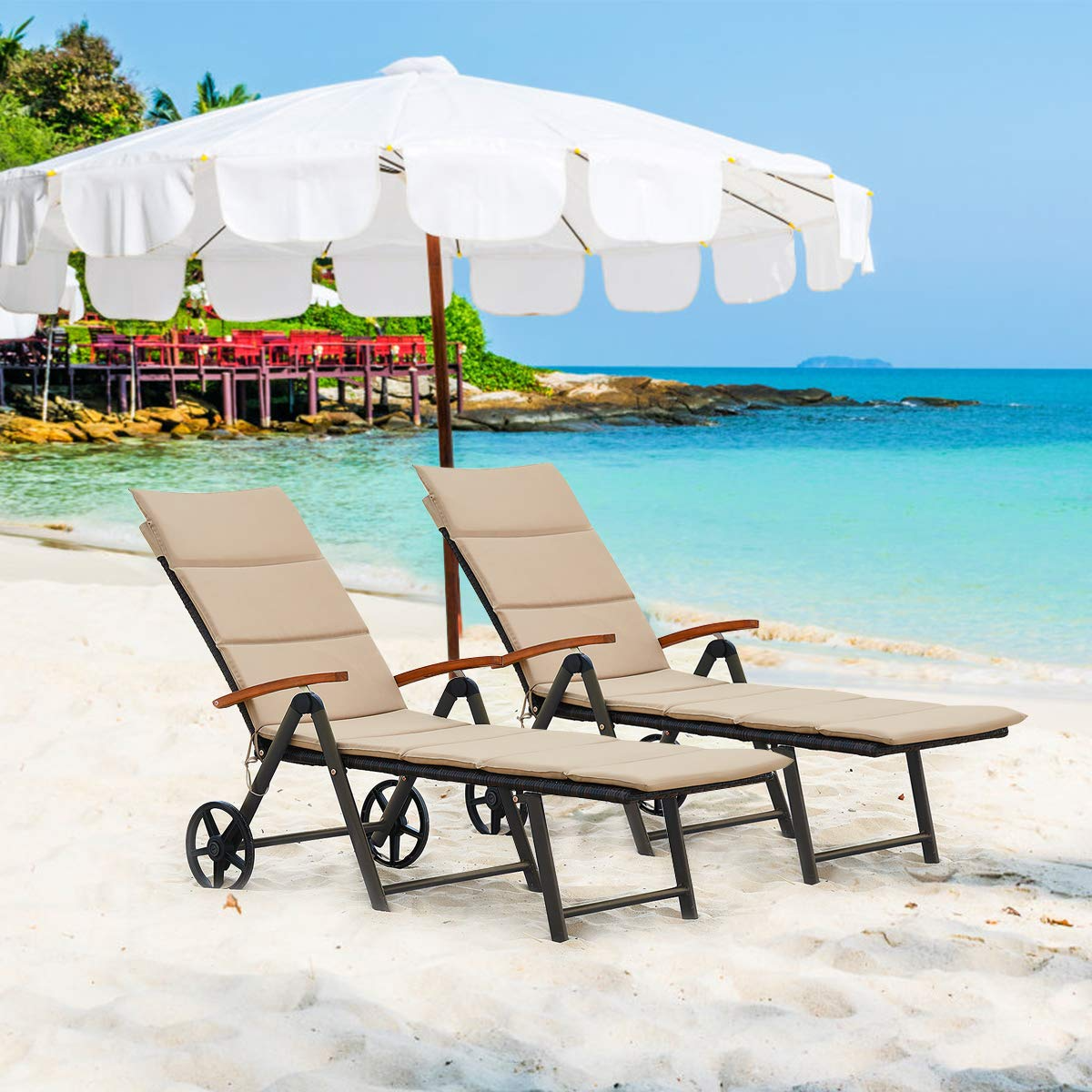 Tangkula Foldable Outdoor Chaise, Wicker Lounger Chair with Aluminum Frame, with Wheels for Easy Moving