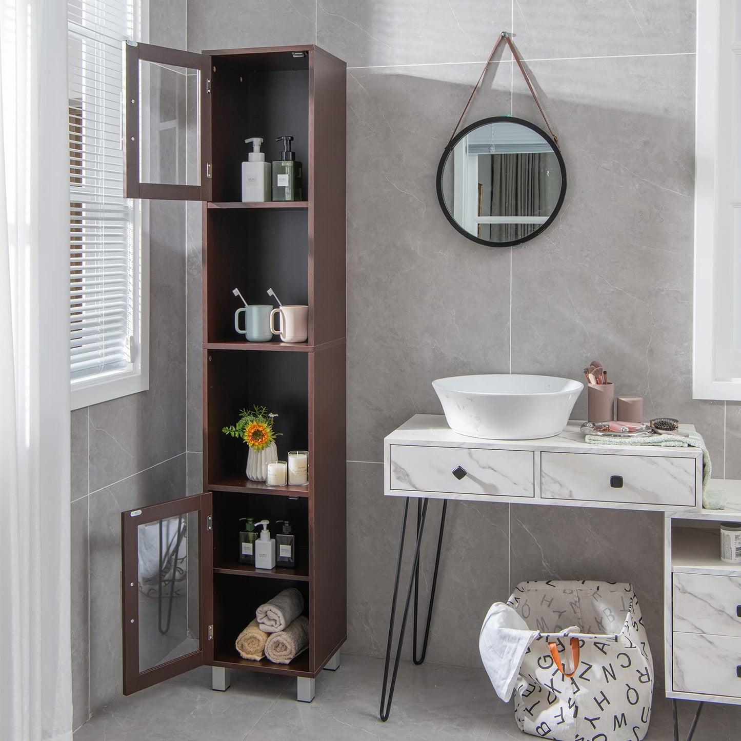 Tangkula Tall Bathroom Cabinet, Home Bedroom Living Room Wood Linen Storage Cabinet Free Standing