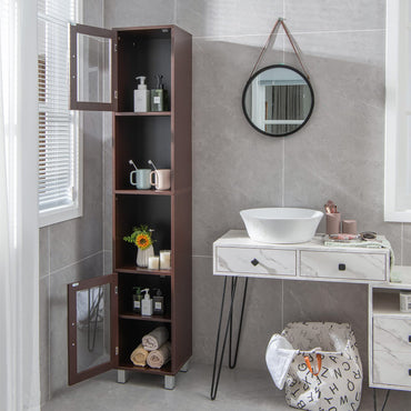 Tangkula Tall Bathroom Cabinet, Home Bedroom Living Room Wood Linen Storage Cabinet Free Standing