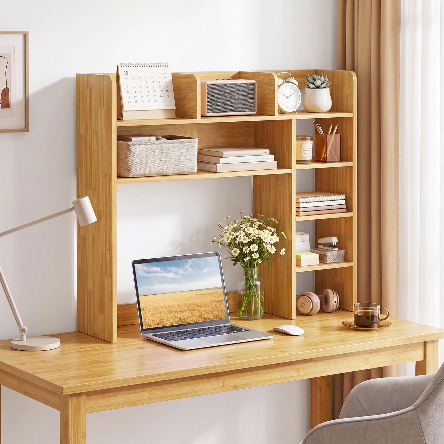 Tangkula Desktop Bookshelf with LED Lights & 8 Shelves for Max 25" Monitor