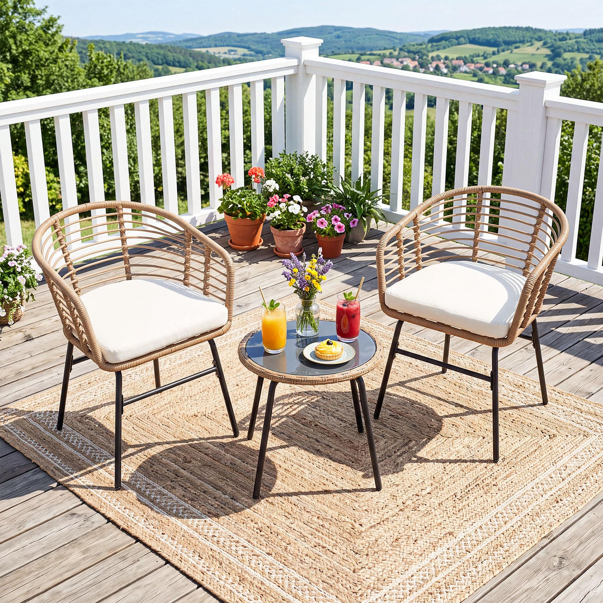 Tangkula 3 Pieces Patio Furniture Set with Tempered Glass Coffee Table and Soft Cushions