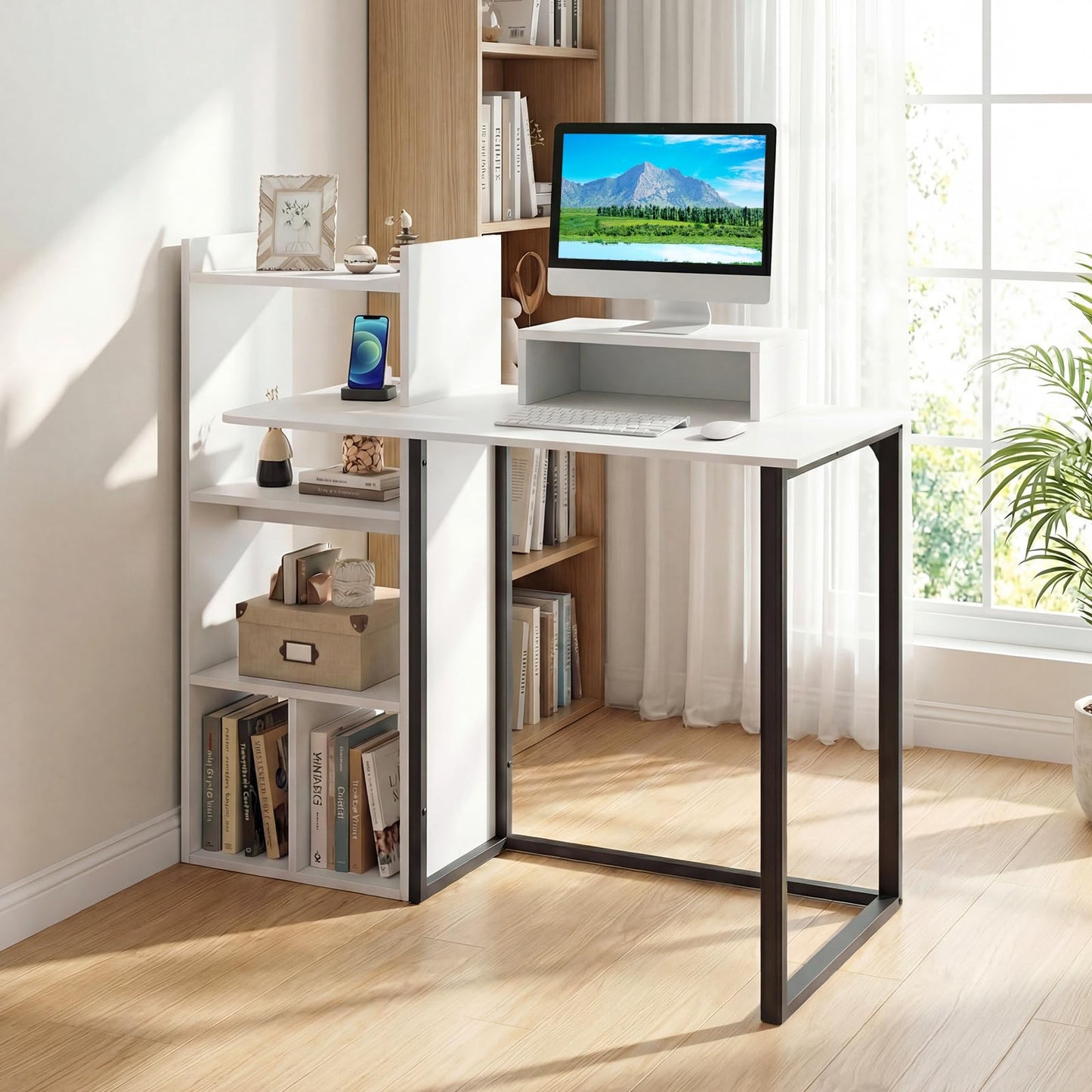 Tangkula 43.5" Computer Desk with Charging Station Ergonomic Monitor Stand & Storage Shelves