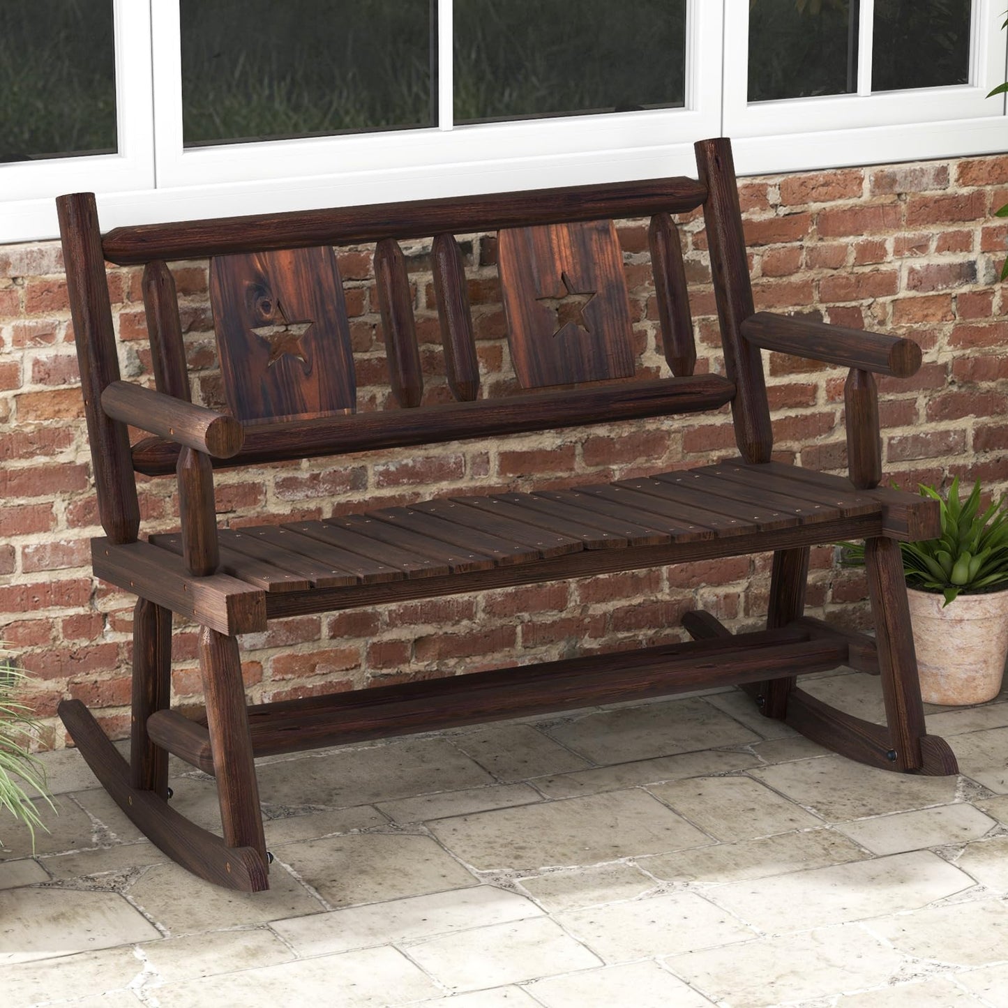 Tangkula Patio Rocking Bench, Carbonized Wood Double Rocker Chair with Ergonomic Seat