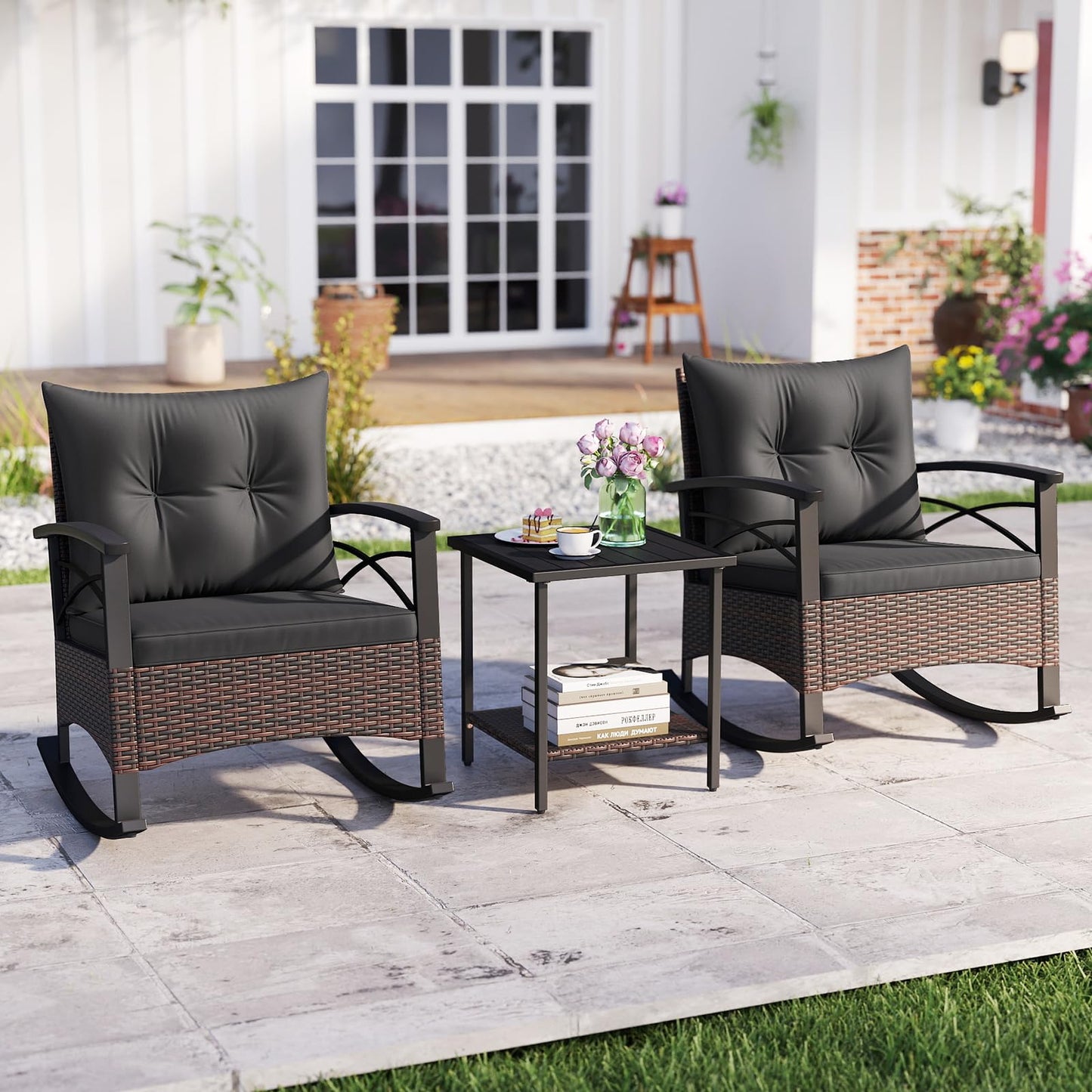 Tangkula 3 Piece Rattan Rocker Bistro Set with Double-Tier Side Table for Porch Balcony Backyard