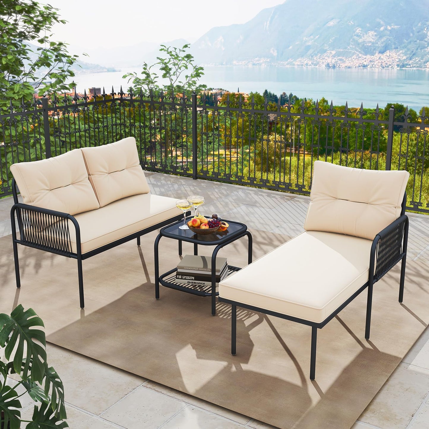 Ensemble de mobilier de patio Tangkula 3 pièces en forme de L avec table en verre trempé