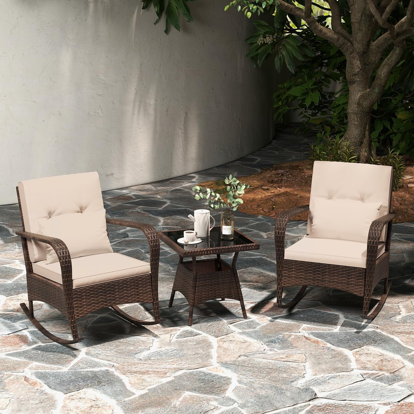 Tangkula 3 Pieces Rocking Bistro Set, Patiojoy Outdoor PE Rattan Rocker Chairs with Removable Cushions & Tempered Glass Top Coffee Table