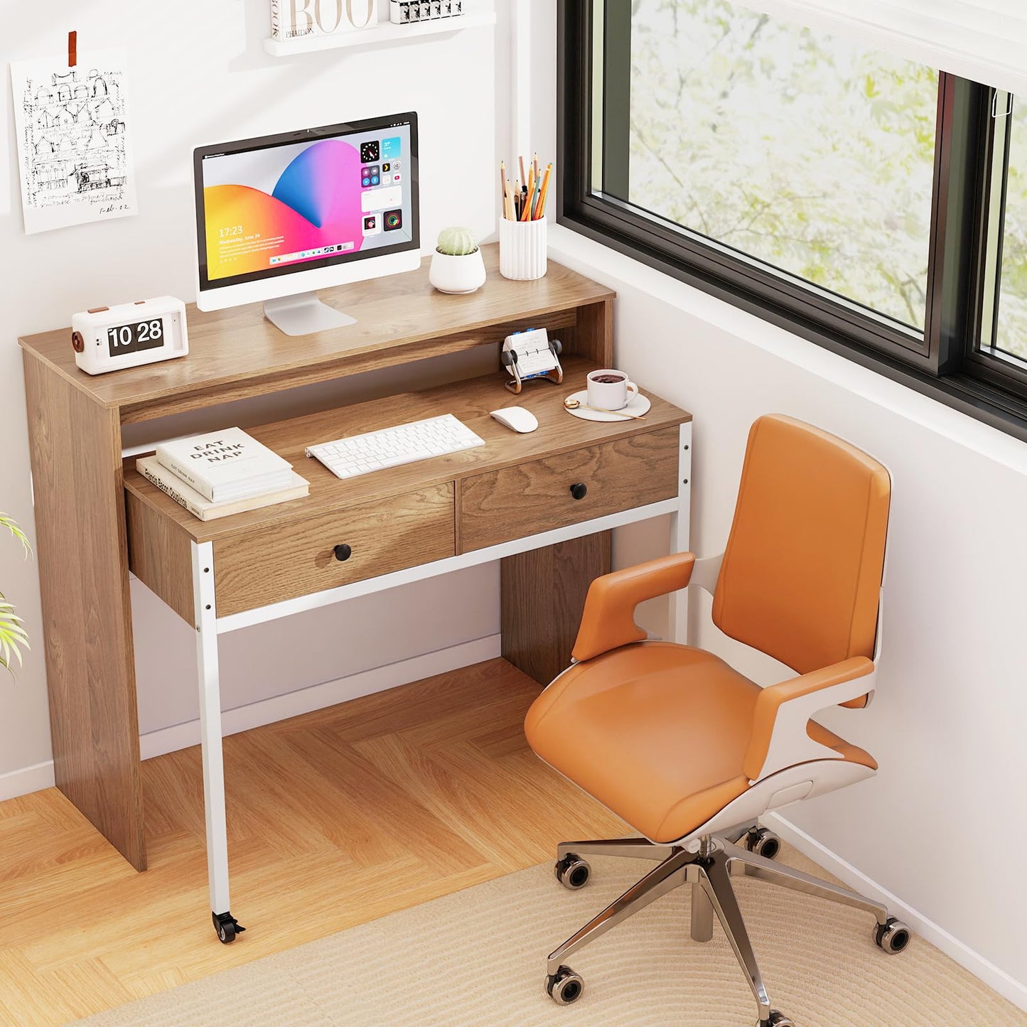 Tangkula Extendable Computer Desk with 2 Storage Drawers