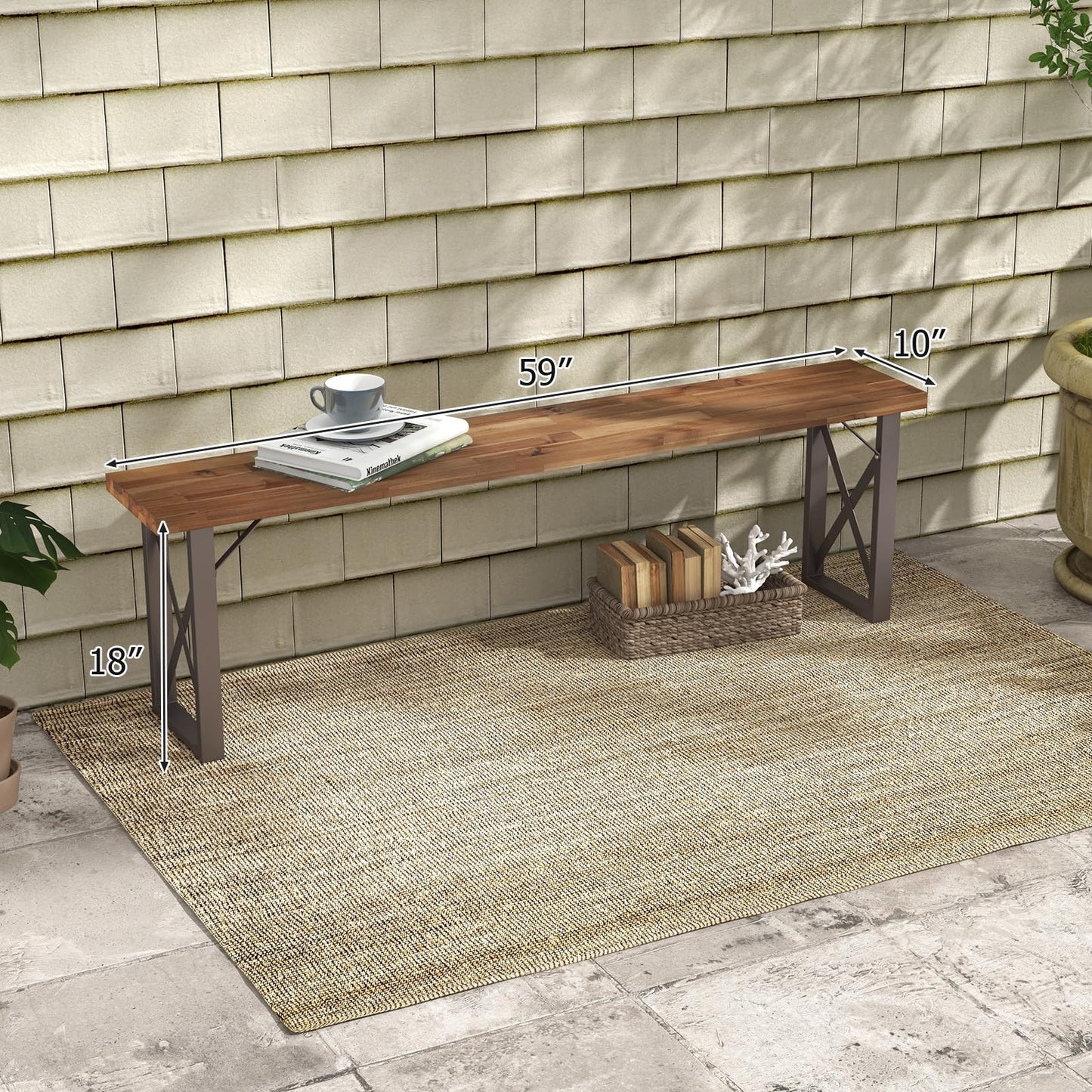 Tangkula 2 Pack Acacia Wood Outdoor Bench, 59 Inches Patio Bench with Metal Frame, 800 LBS Max Load