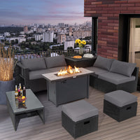 Tangkula 9 Pieces Outdoor Wicker Sectional Sofa with 42" 60,000 BTU Gas Fire Pit Table