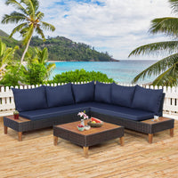 4 Pieces Acacia Wood Patio Conversation Set, Sofa Set with Coffee Table, Corner Sofa & 2 Loveseats