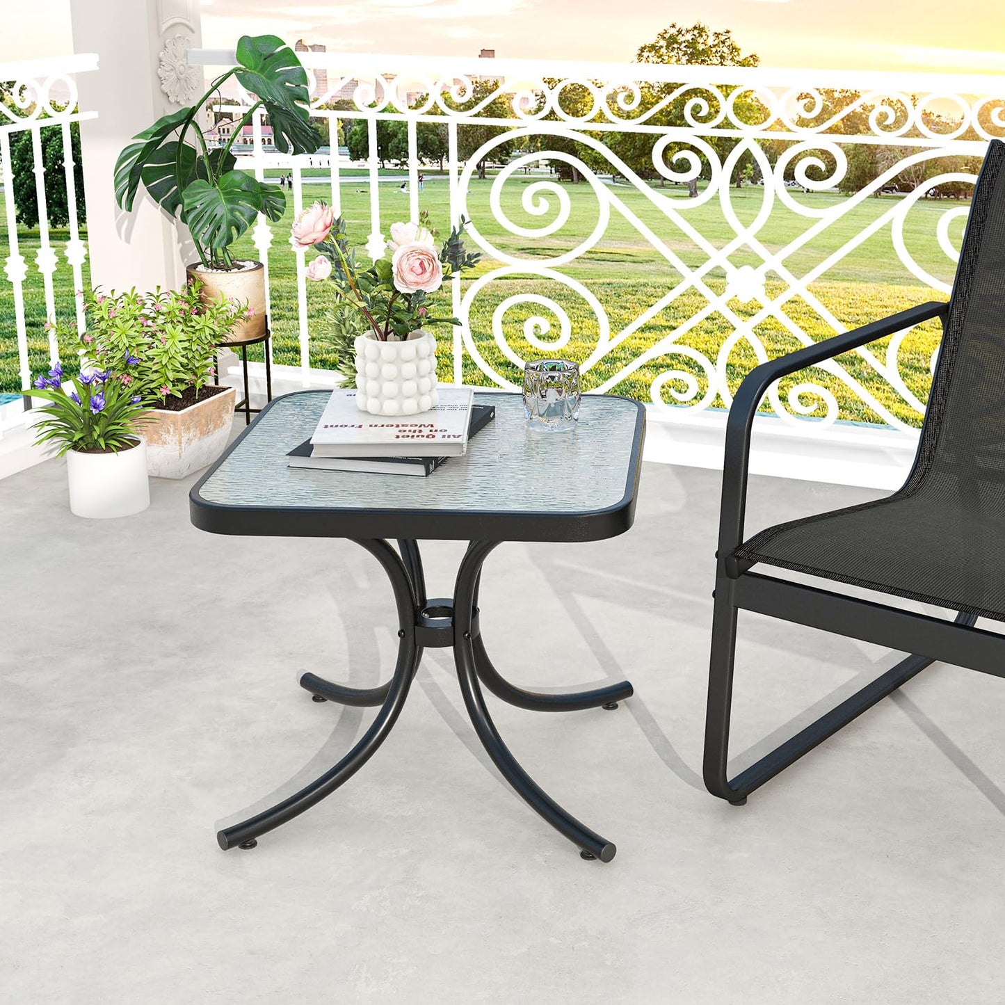 Outdoor Bistro Table, 20 Inches Patio Side Table with Tempered Glass