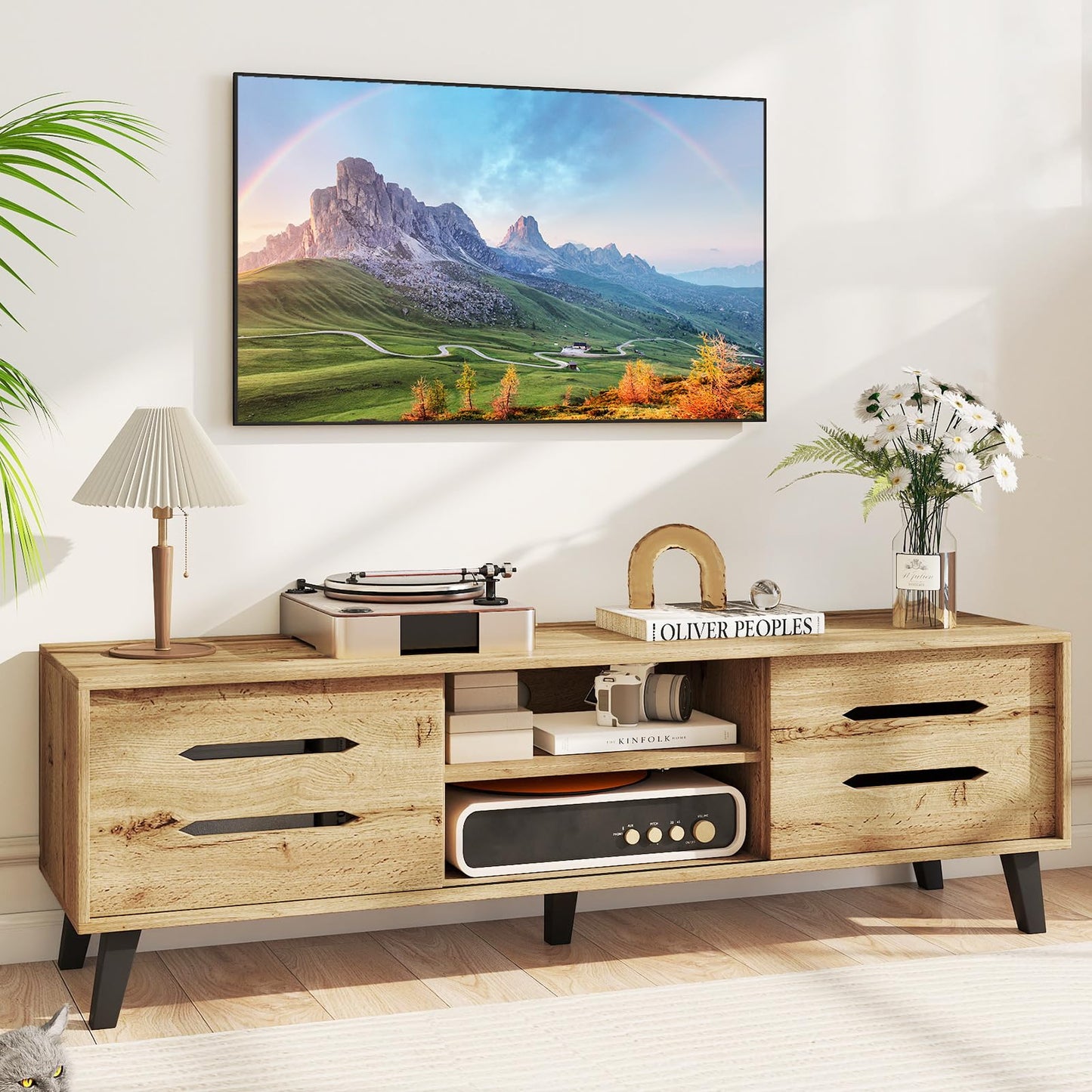 Tangkula Mid Century Modern TV Stand with Sliding Doors for 65” TVs