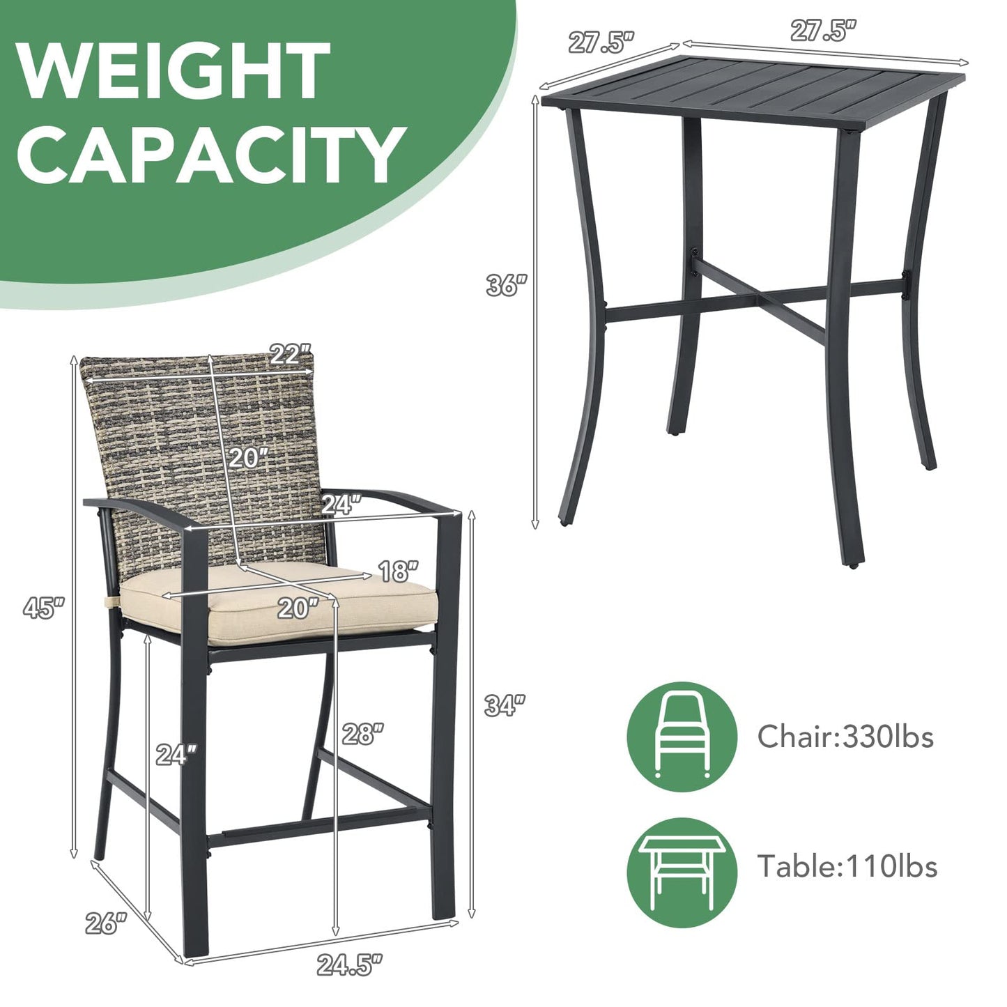 3 Piece Patio Bar Set, Outdoor Bar Stool Bistro Set w/ 27.5" Square Table, 2 Wicker Cushioned Chairs