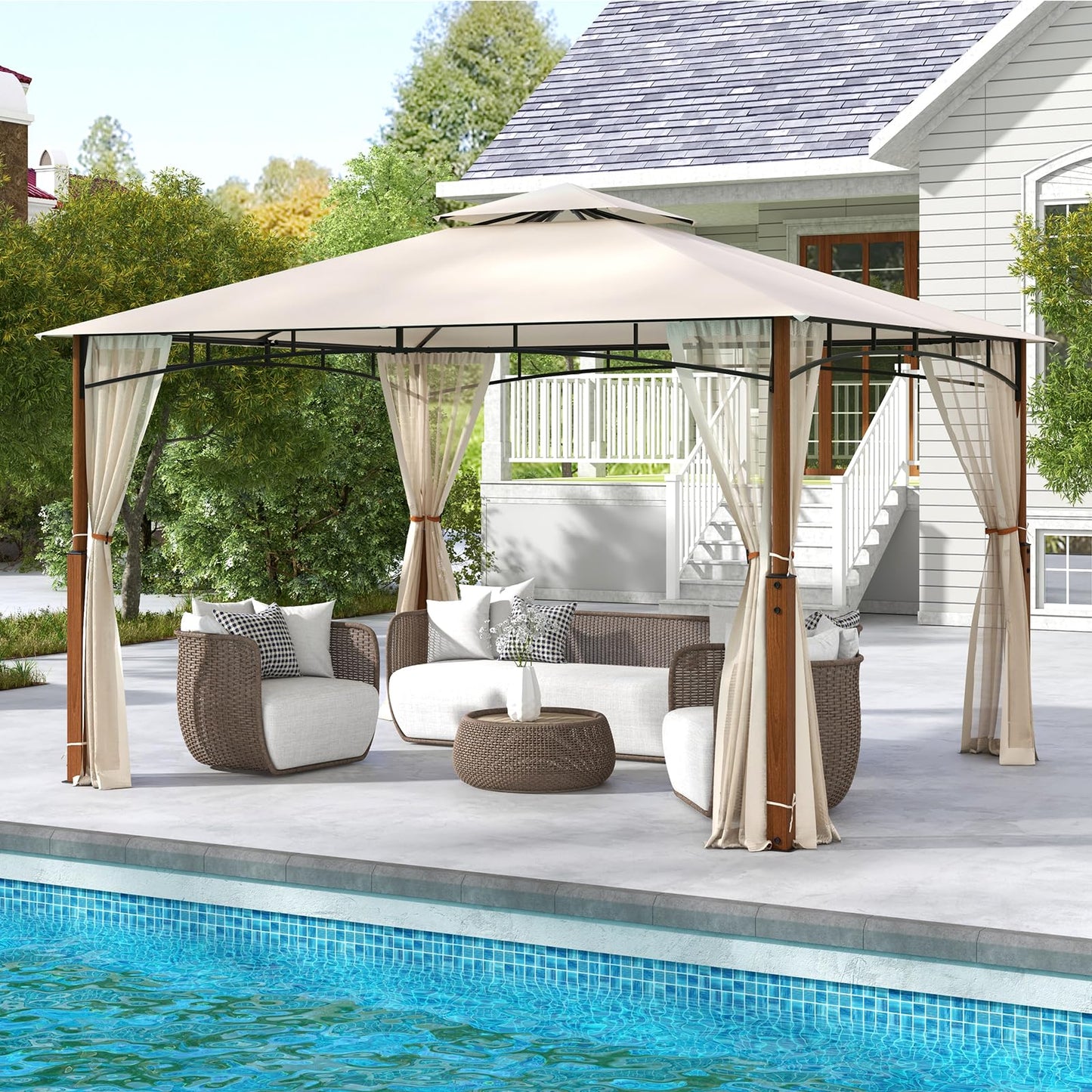 Tangkula 10x12 Ft Gazebo with Netting, 2-Tier Patio Gazebo with Heavy Duty Metal Frame