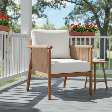 Tangkula Acacia Wood Boho Accent Chair with Woven Rope Armrests & Seat Back Cushions (1/2/4)