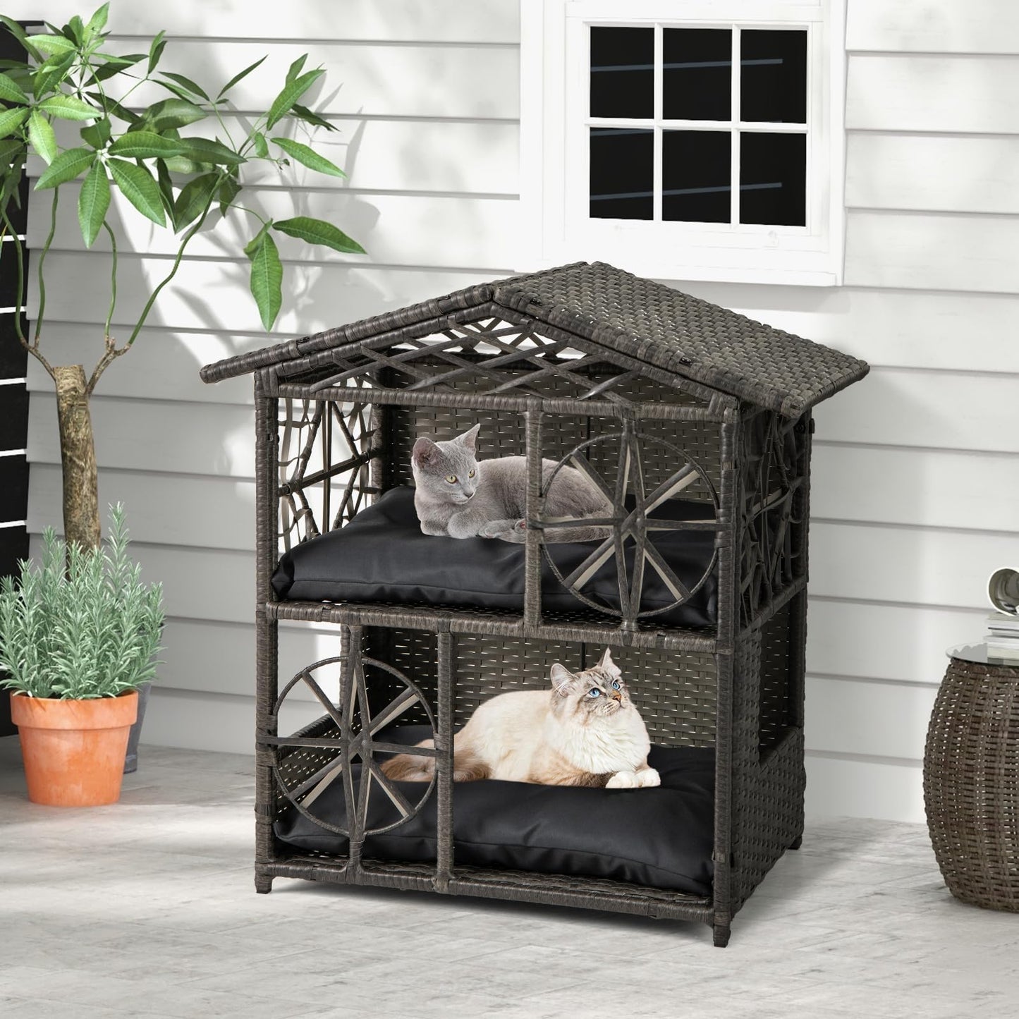 Niche pour chat Tangkula à 2 étages en osier, enclos pour chaton en rotin avec coussins amovibles