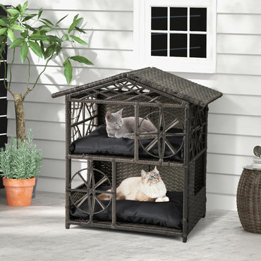 Tangkula 2-storey Wicker Cat House Rattan Kitten Condo Enclosure with Removable Cushions