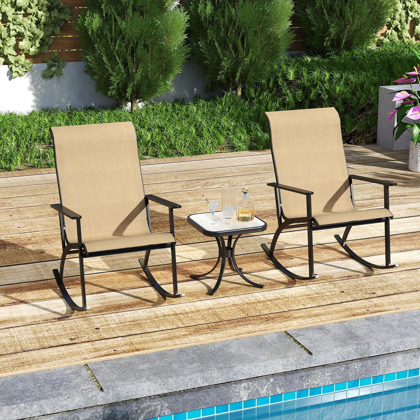 Tangkula 3 Piece Patio Rocker Set w/High Backrest & Wood-Plastic Tabletop