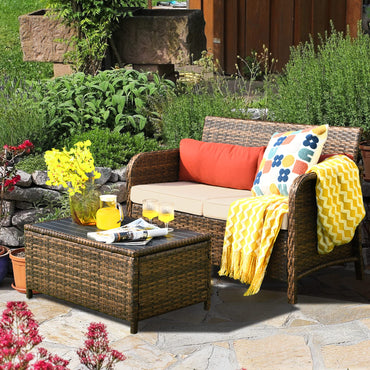 Tangkula 2-Piece Outdoor Rattan Loveseat w/Coffee Table