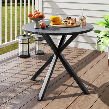 Tangkula Round Patio Dining Table with Wood-Like Top & X-Shaped Legs