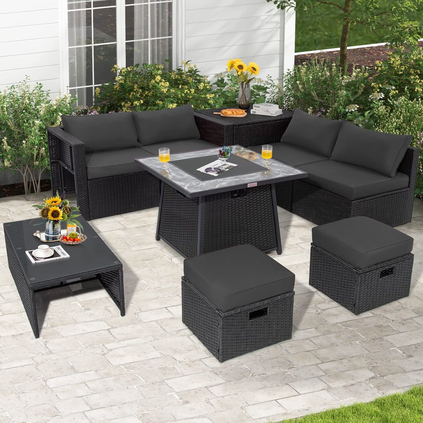 Tangkula 9 Pieces Outdoor PE Rattan Sectional Sofa with 35-Inch Gas Fire Pit Table