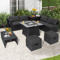 Tangkula 9 Pieces Outdoor PE Rattan Sectional Sofa with 35-Inch Gas Fire Pit Table