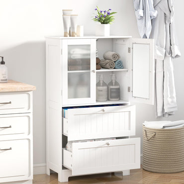 Tangkula Bathroom Floor Storage Cabinet with 2 Drawers & 2 Frosted Glass Doors