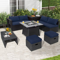 Tangkula 9 Pieces Outdoor PE Rattan Sectional Sofa with 35-Inch Gas Fire Pit Table