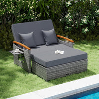 Tangkula Outdoor Wicker Loveseat with Acacia Wood Armrest Storage Ottoman & Folding Tray