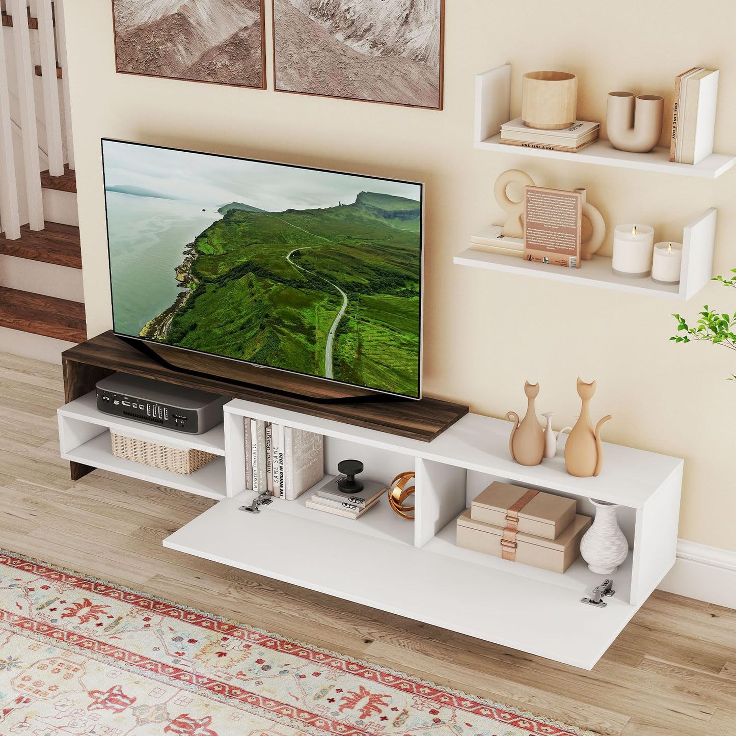 Tangkula White TV Stand with 2 Wall Shelves for Living Room