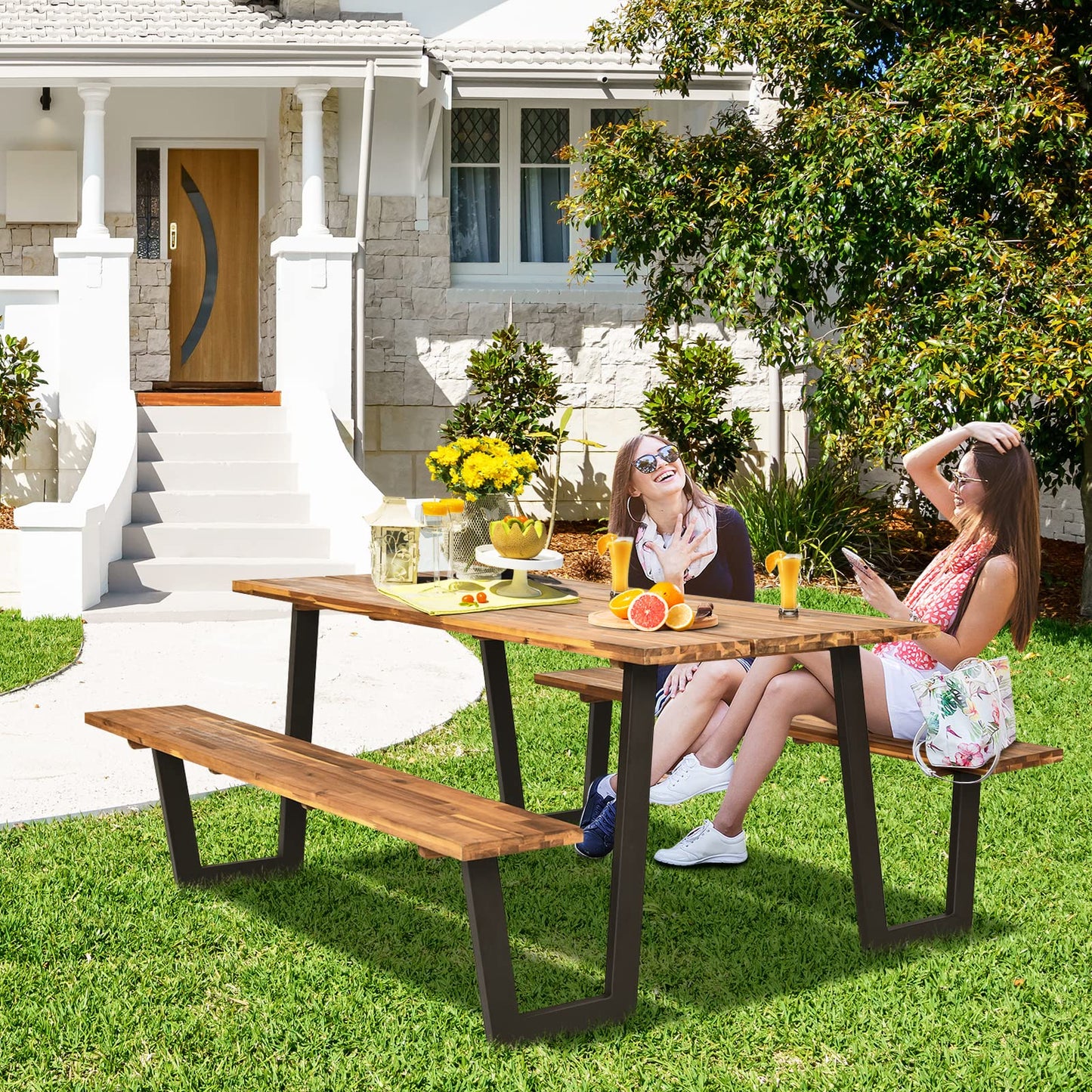 Tangkula Wooden Picnic Table with 2 Built-in Benches
