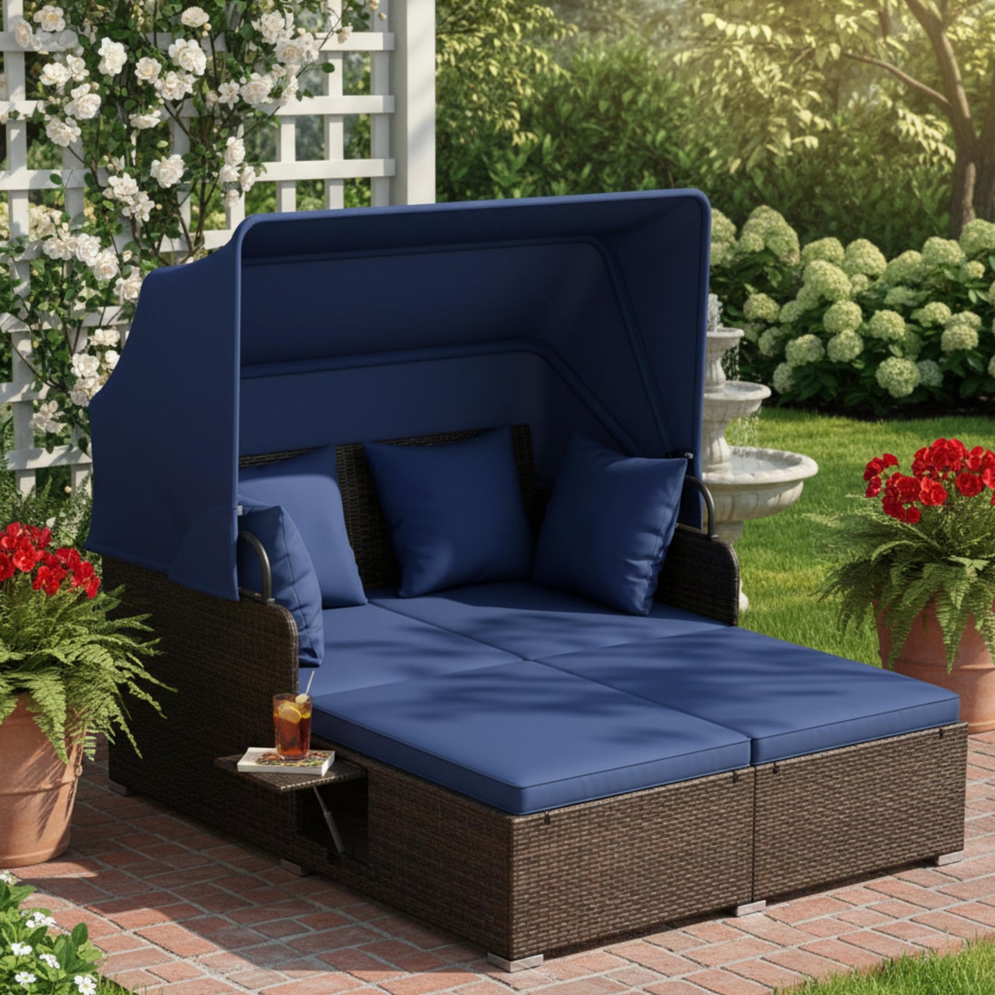Tangkula Outdoor Wicker Sunbed with 2 Foldable Side Tables Thick Seat & Back Cushions