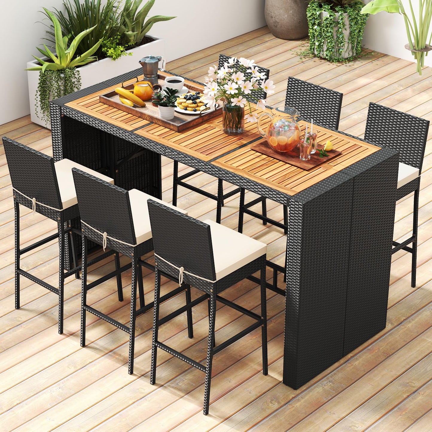 Tangkula 7 Piece Patio Wicker Bar Set with Backrest and Footrest