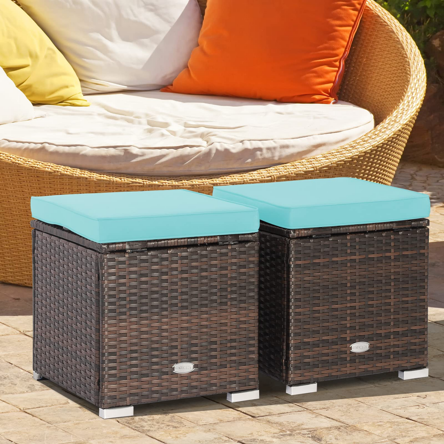 Tangkula 2 Pieces Patio Ottomans, Patiojoy Hand-Woven PE Rattan Side Table with Removable Cushion & Hidden Storage Space