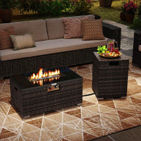 Tangkula 2-Piece Outdoor Rattan Fire Table Set 32 Inch Rectangle Gas Firepit with Tank Cover
