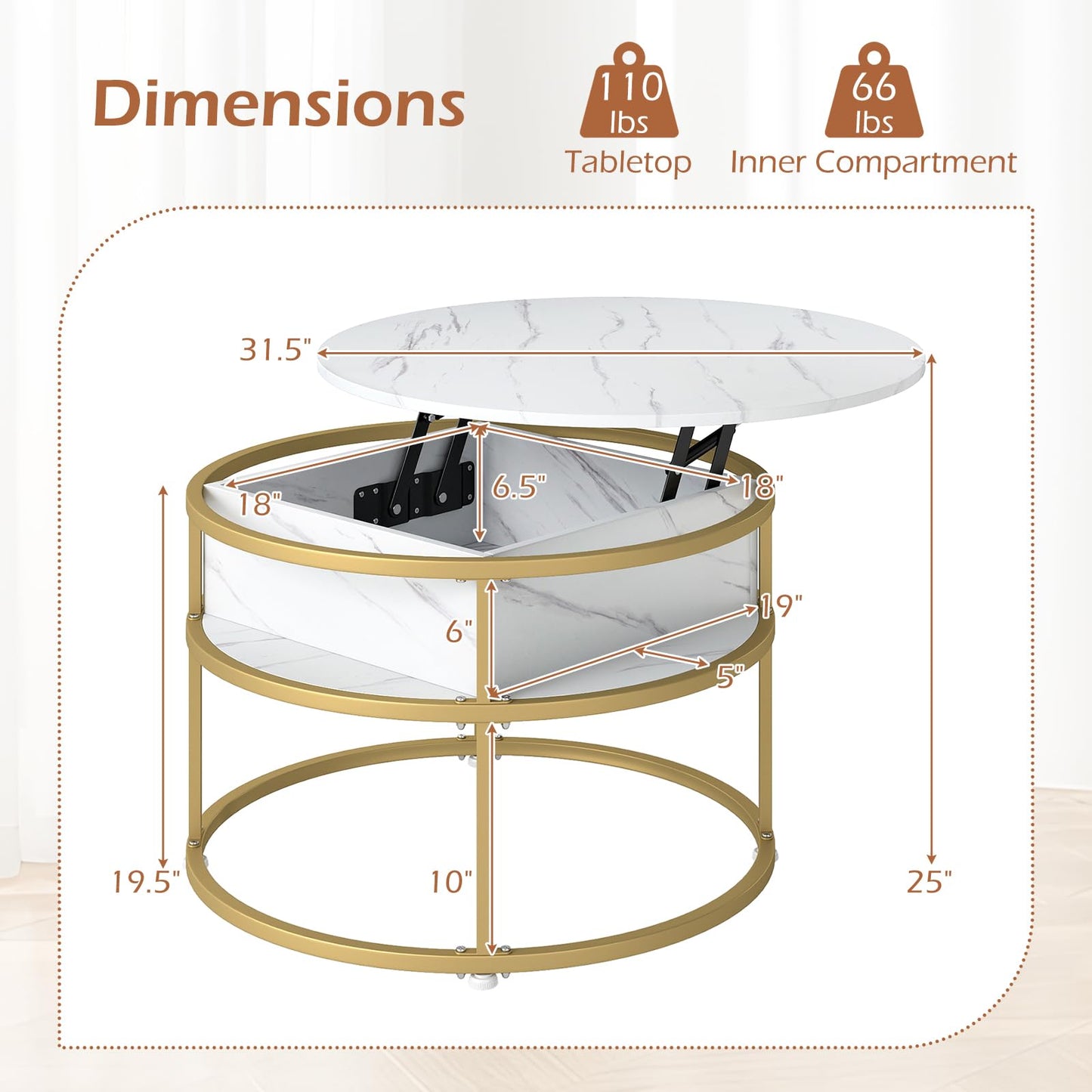 Tangkula 31.5” Round Center Table with Hidden Compartment & Side Shelves