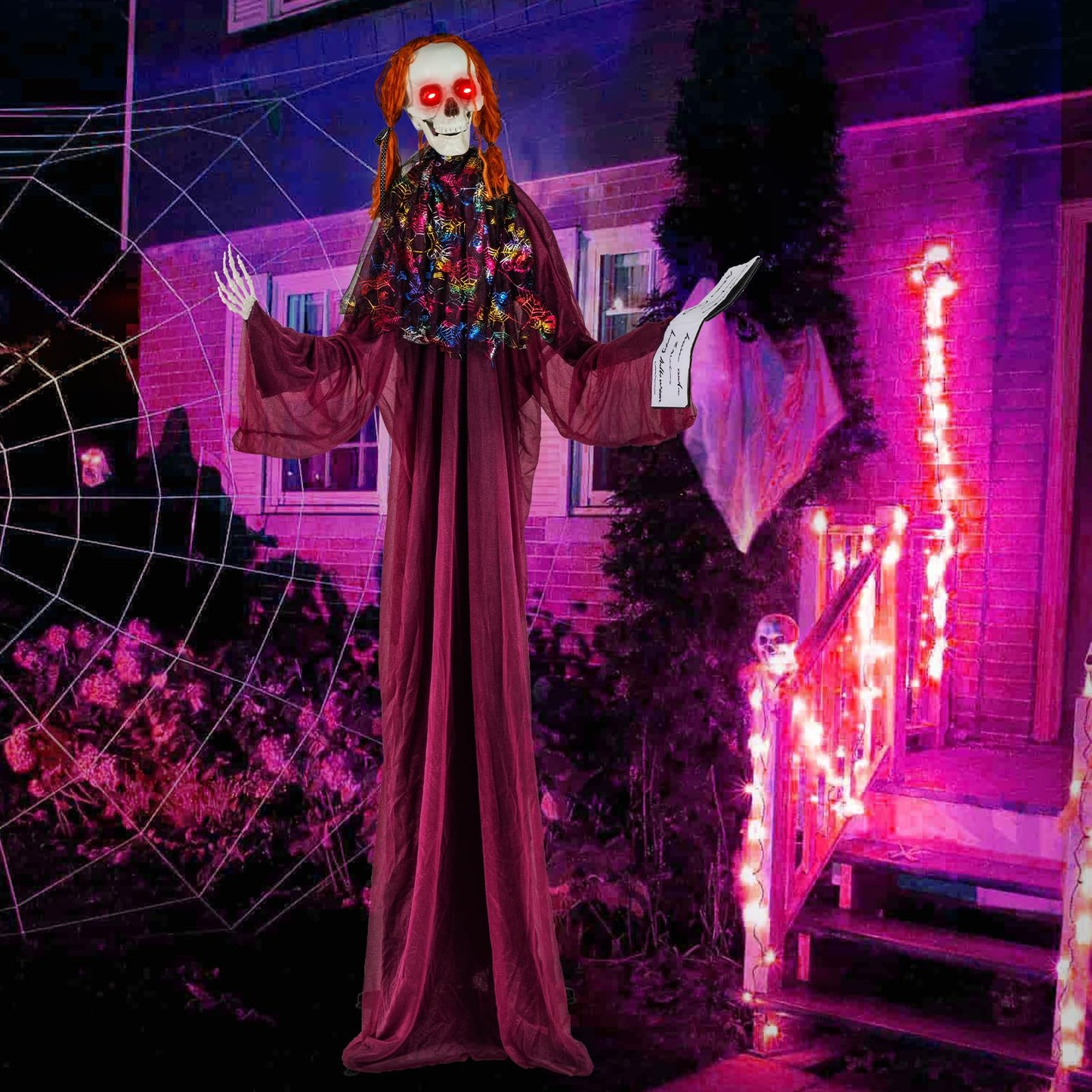 Tangkula 6 Feet Halloween Animatronic Standing Girl Holding Book with Sound