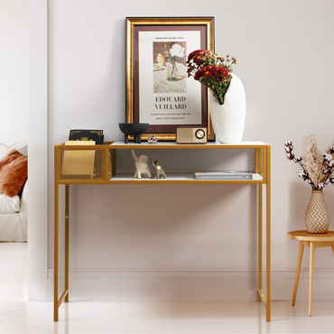 Tangkula Console Table, 2-Tier Faux Marble Sofa Table with Open Storage Shelf, Gold Steel Frame, Modern Entryway Table