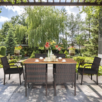Tangkula 7 Pieces Patio Dining Set, Acacia Wood Wicker Dining Furniture Set with Sturdy Steel Frame & Umbrella Hole