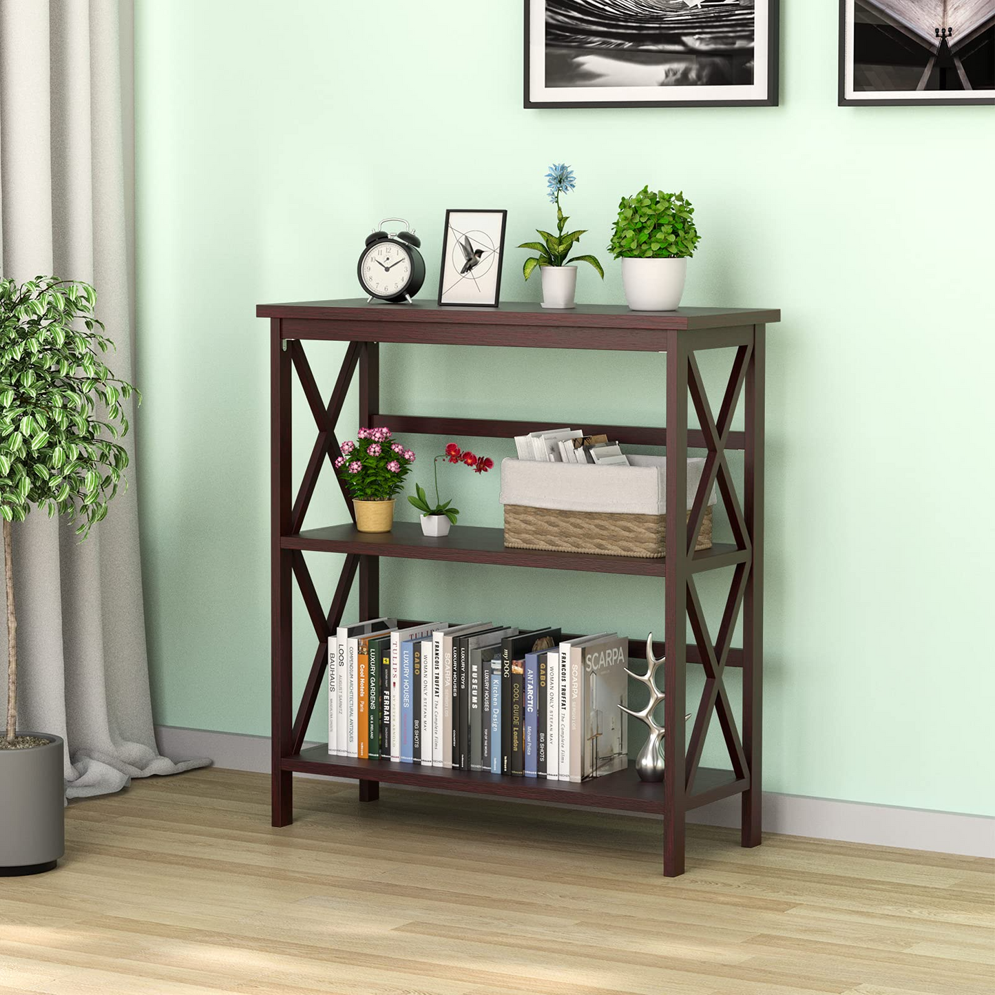 Tangkula 3-Tier Bookshelf, Vintage Wooden Bookcase with X-Style Frame