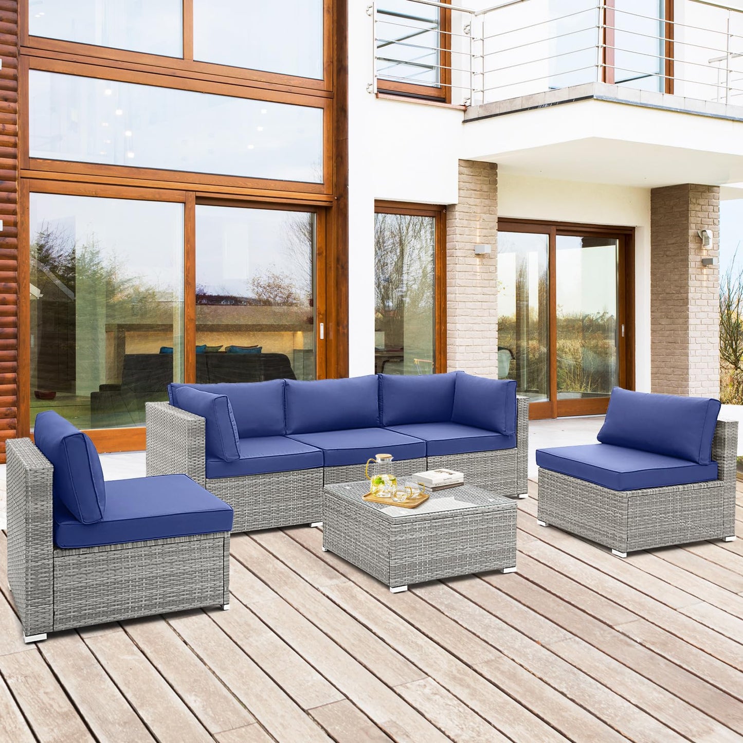 Outdoor Wicker Furniture Set with Tempered Glass Coffee Table, Comfy Seat & Back Cushions