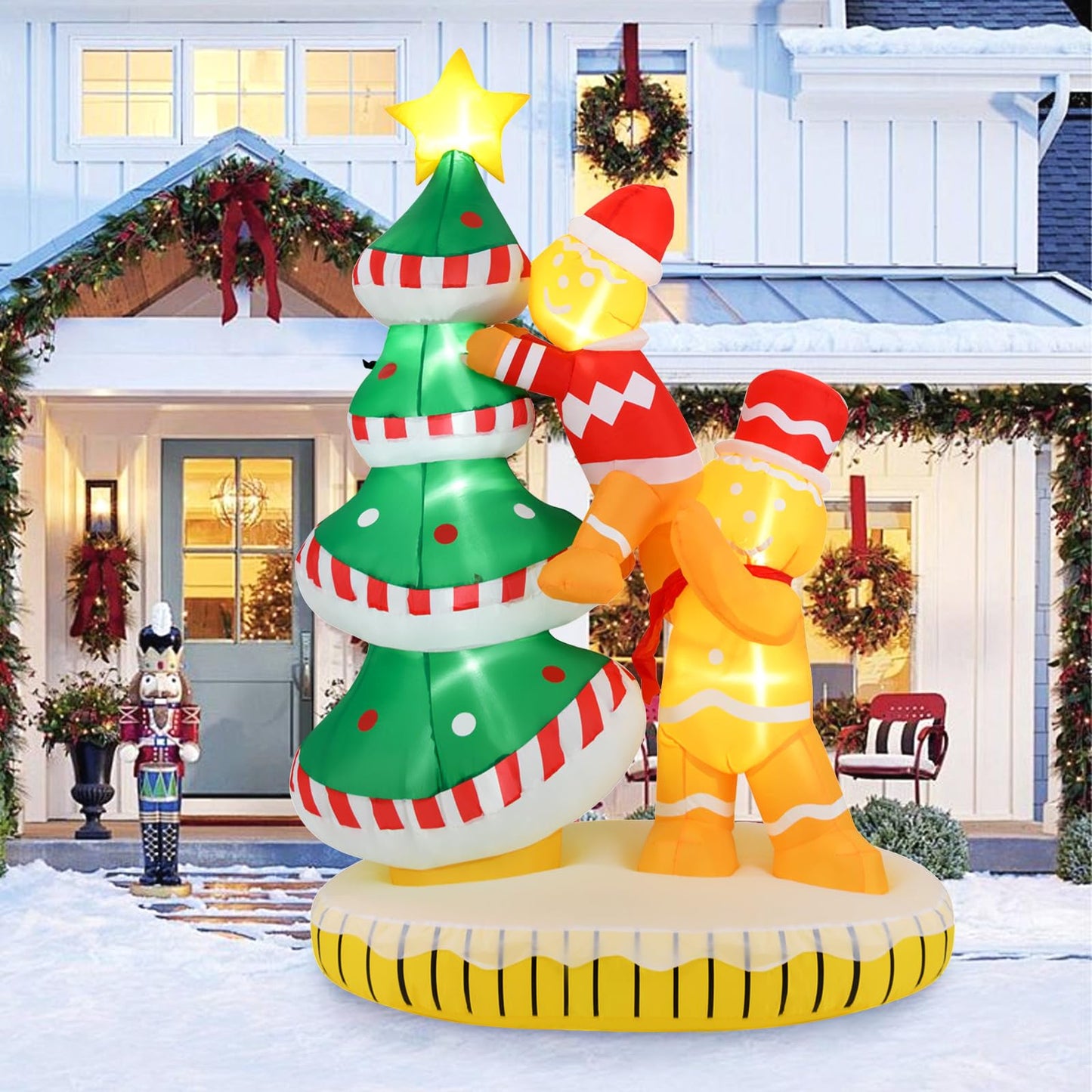 Tangkula 7 FT Lighted Christmas Inflatable Gingerbread Men Climbing Christmas Tree with LED Lights & Built-in Fan